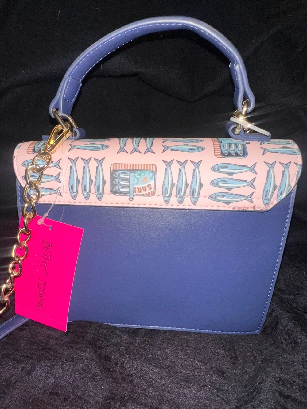 Betsey Johnson XOMYLO2 Sardine Fish Tin Top Handle Crossbody Bag Navy Multi NWT